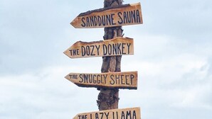 Un cartel de madera con flechas indicando diferentes destinos.