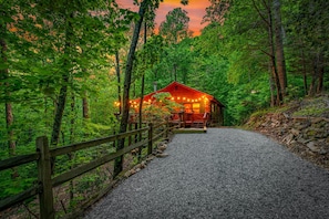 Una cabaña con un sendero de grava que conduce hacia ella, rodeada de un bosque frondoso.