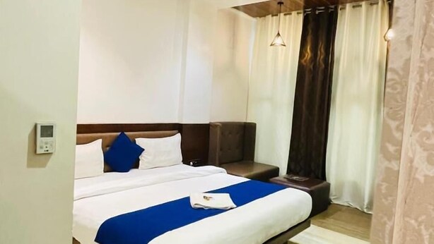A hotel room with a bed, bedside table, lamp, and a small potted plant. - Hotel Sun Park Bhopal (Bhopal)