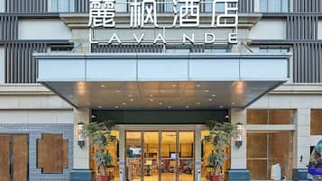 A hotel entrance with a modern facade, large glass doors, and potted plants.