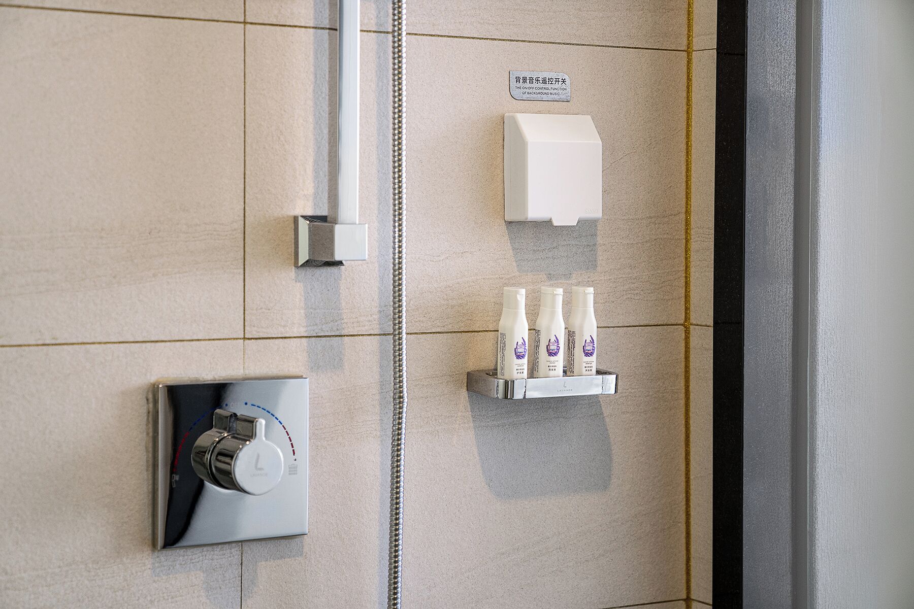 En duschplats med en kontrollpanel, en tvåldispenser och en hylla med flaskor.
