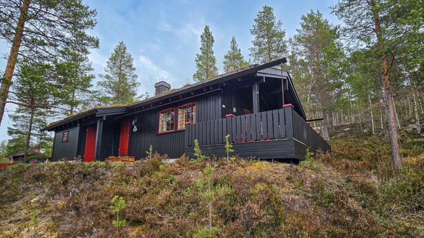 A cabin with a black exterior, red door, and a small porch with red railings. - Nice home in Rendalen with house a panoramic view (Rendalen)