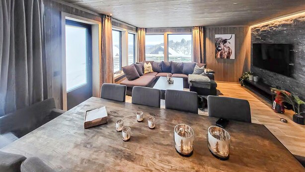 Een moderne woonkamer met een grote bank, een salontafel en een open haard. Er zijn grote ramen met gordijnen, en een schilderij aan de muur.
