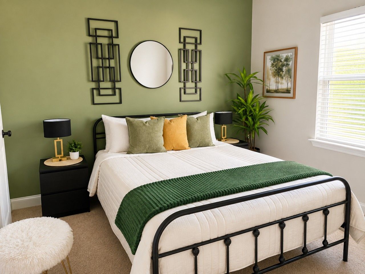 Un dormitorio con cama, mesitas de noche, un espejo y una ventana con persianas.