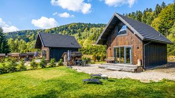 Een houten chalet met een schuin dak, een terras en uitzicht op een bebost gebergte.