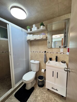 Hair dryer, towels, soap, toilet paper