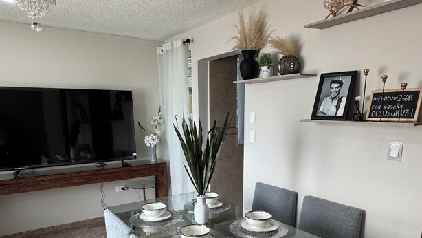 Un espace repas moderne avec une table en verre, des chaises à revêtement gris et un tapis décoratif.