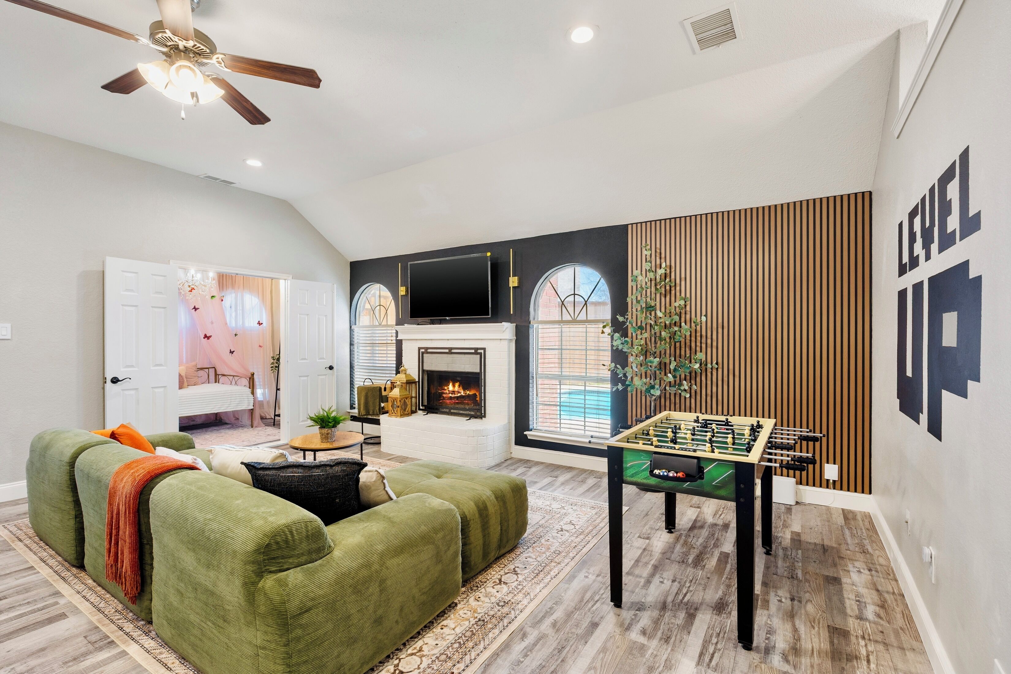 Smart TV, foosball, books