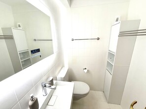Moderni kylpyhuone, jossa on wc, pesuallas ja peili.