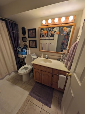 A bathroom with a toilet, sink, vanity, and a large mirror with lights. - Bunkbed In Quiet, Friendly Family-Hosted Home in South Jordan Near Everything (South Jordan)