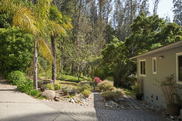 Un sentier qui mène à une maison entourée d’une végétation luxuriante et d’arbres.