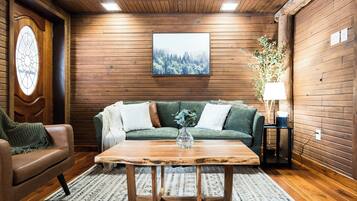 TV connectée, cheminée, livres