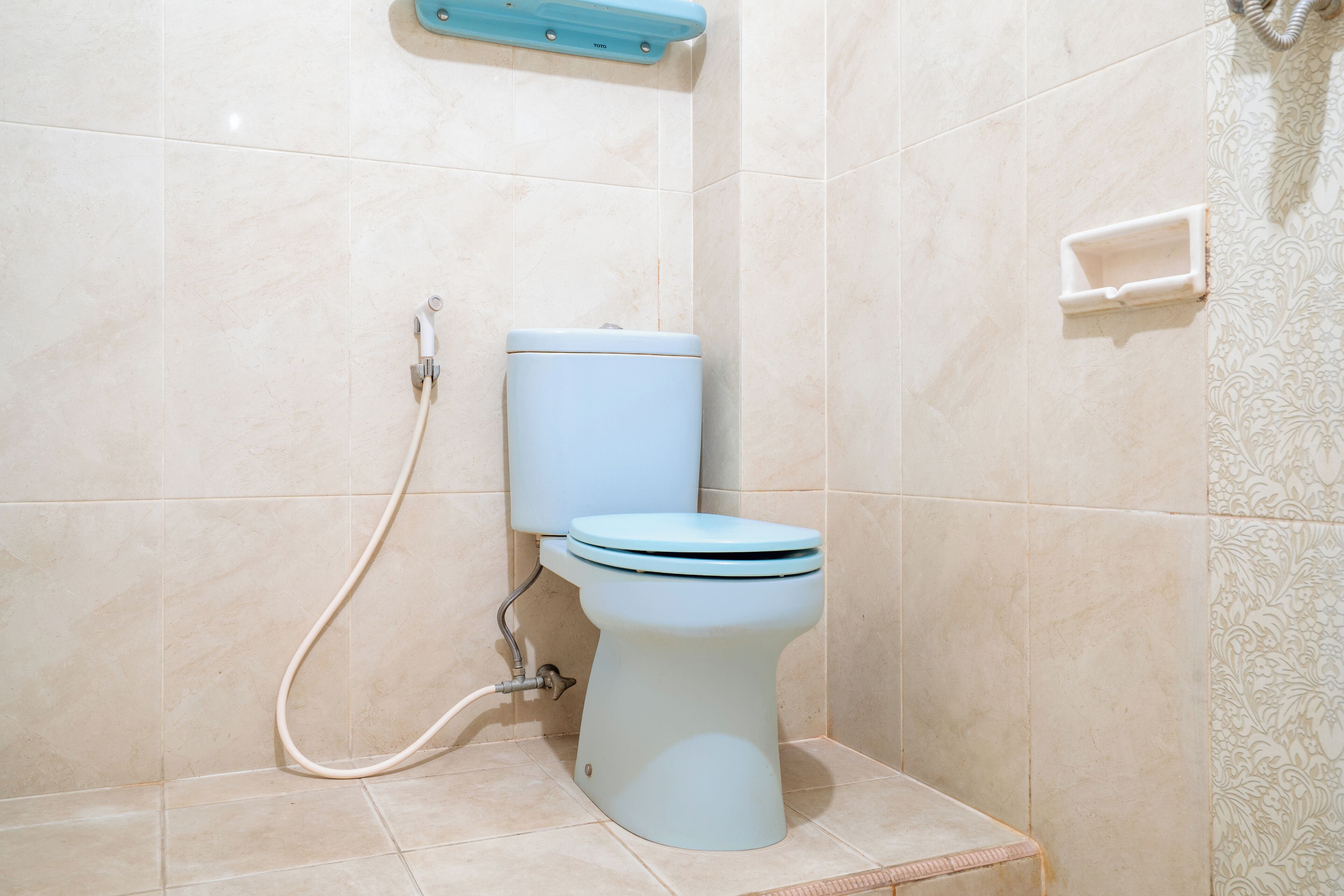 Une salle de bain équipée de toilettes, d’une douche et d’un porte-rouleau de papier toilette fixé au mur.