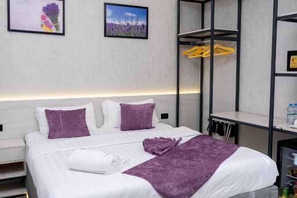 A modern bedroom with a large bed, a built-in shelf unit, and artwork on the walls.