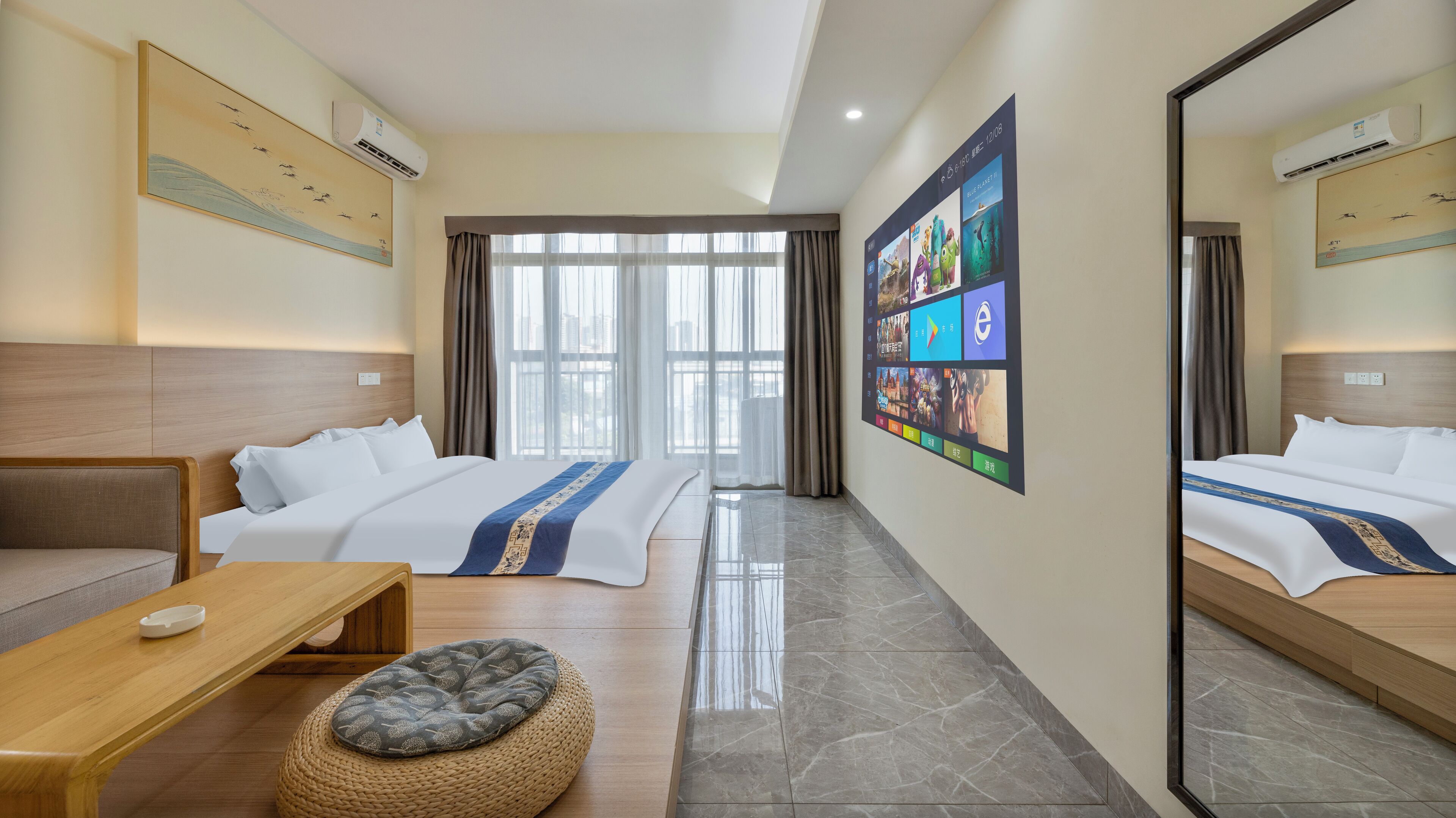 Doppelzimmer im japanischen Stil, Japanisches Futonbett, Balkon, Stadtblick