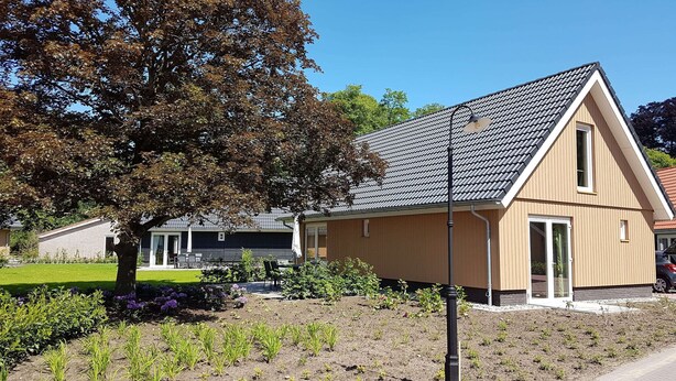 A single-story house with a sloped roof, a front door, and a small porch area. - Modern Villa With Garden (Almen)
