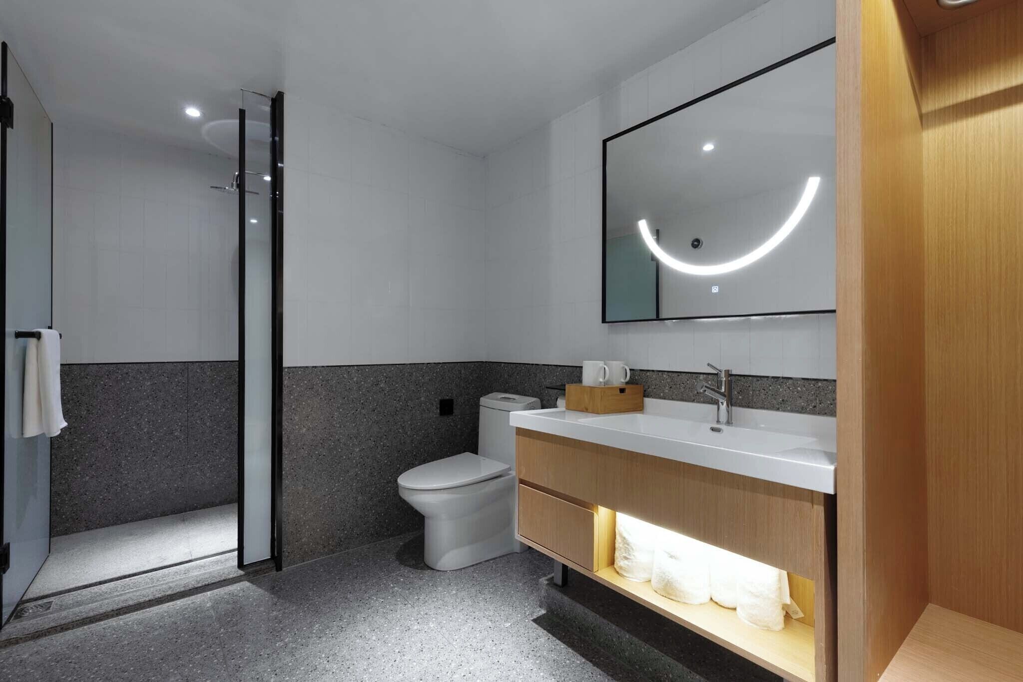 Et moderne badeværelse med glasvægs brusekabine, toilet og et vaskeskab med spejl.