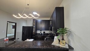 Cozinha moderna com armários escuros, bancada de granito e luminária de teto diferenciada.