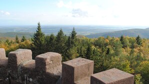 Ein Steingebäude mit Stufen, das zu einer Aussichtsplattform mit Blick auf eine bewaldete Landschaft führt.