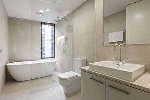 Shower, hair dryer, towels, shampoo