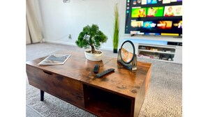 Una mesa de centro de madera con un bonsái, un control remoto y una revista.