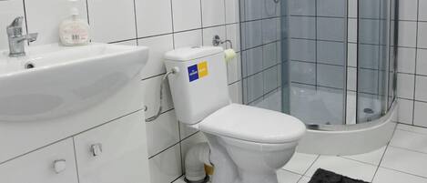 Un baño moderno con ducha de vidrio, lavamanos blanco y retrete.