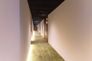 A long, narrow hallway with a patterned carpet and wooden doors on one side. - Studio ZEN-Oase, Luxurious, Quiet, City Center for Business or Holiday, 40 m2 (Linz)