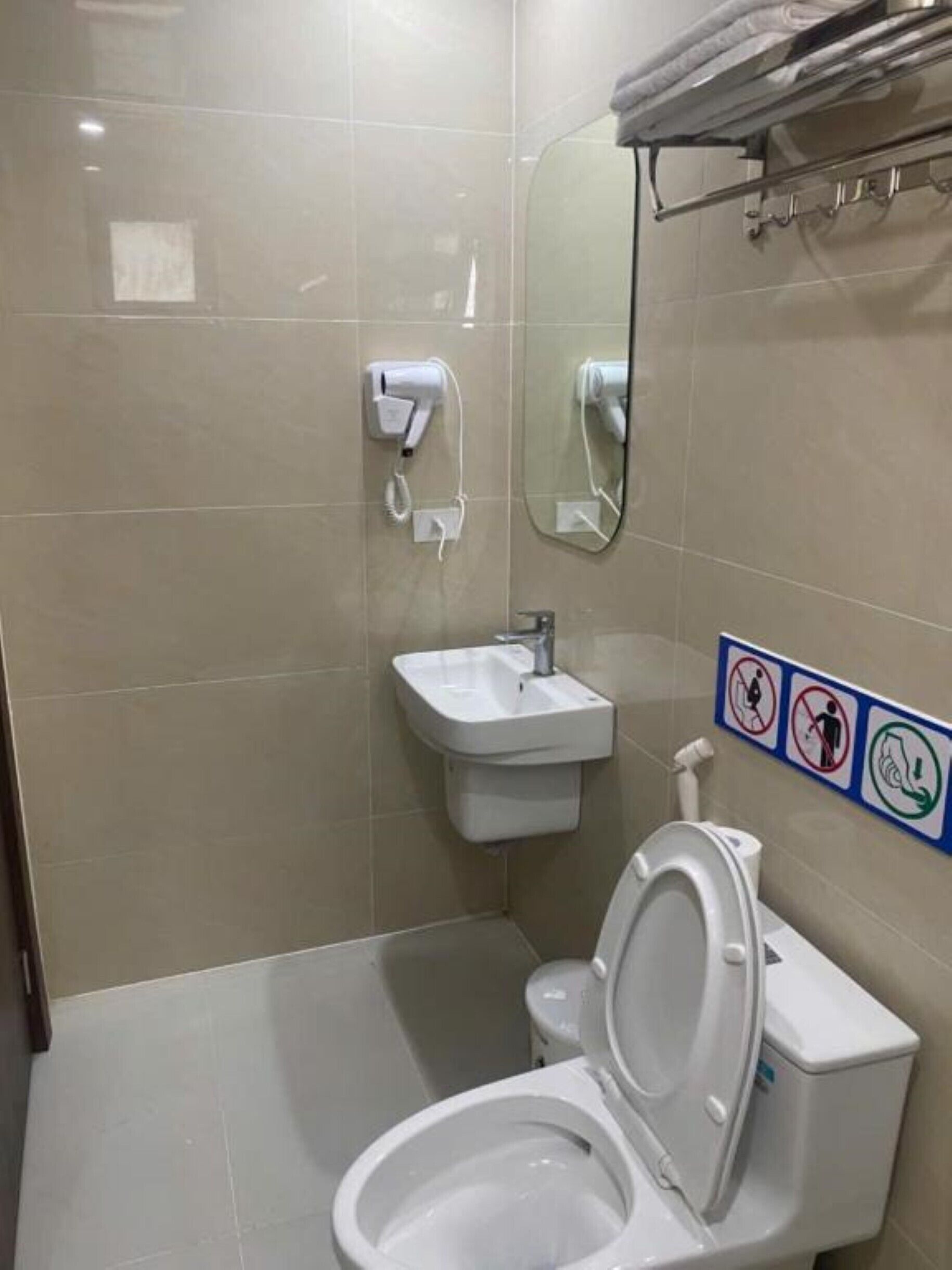 Een badkamer met toilet, wastafel en spiegel.