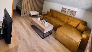 A modern living room with a wooden floor, a sofa, a coffee table, and a television. - Le Bois Gentil 3* - lounge + sleeping area, pets welcome (La Clusaz)