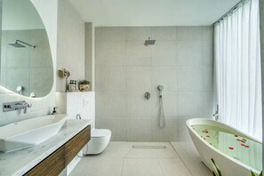 Dusche, Haartrockner, Handtücher, Seife