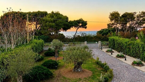 Un sentier dallé, aménagé dans un jardin paysager agrémenté d’arbres et d’arbustes, qui mène à un plan d’eau.