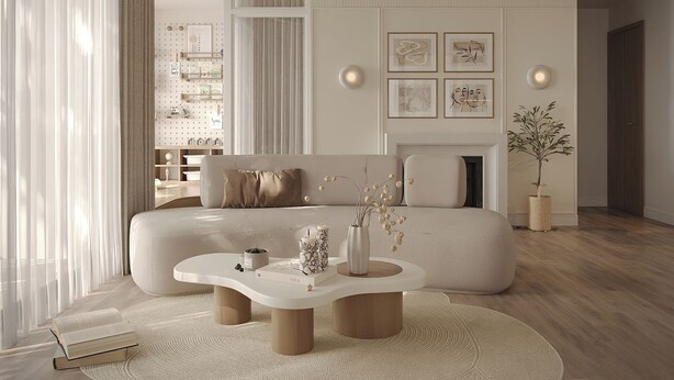 A modern living room with a sofa, coffee table, and artwork on the wall. - The Aura Patong (Patong)