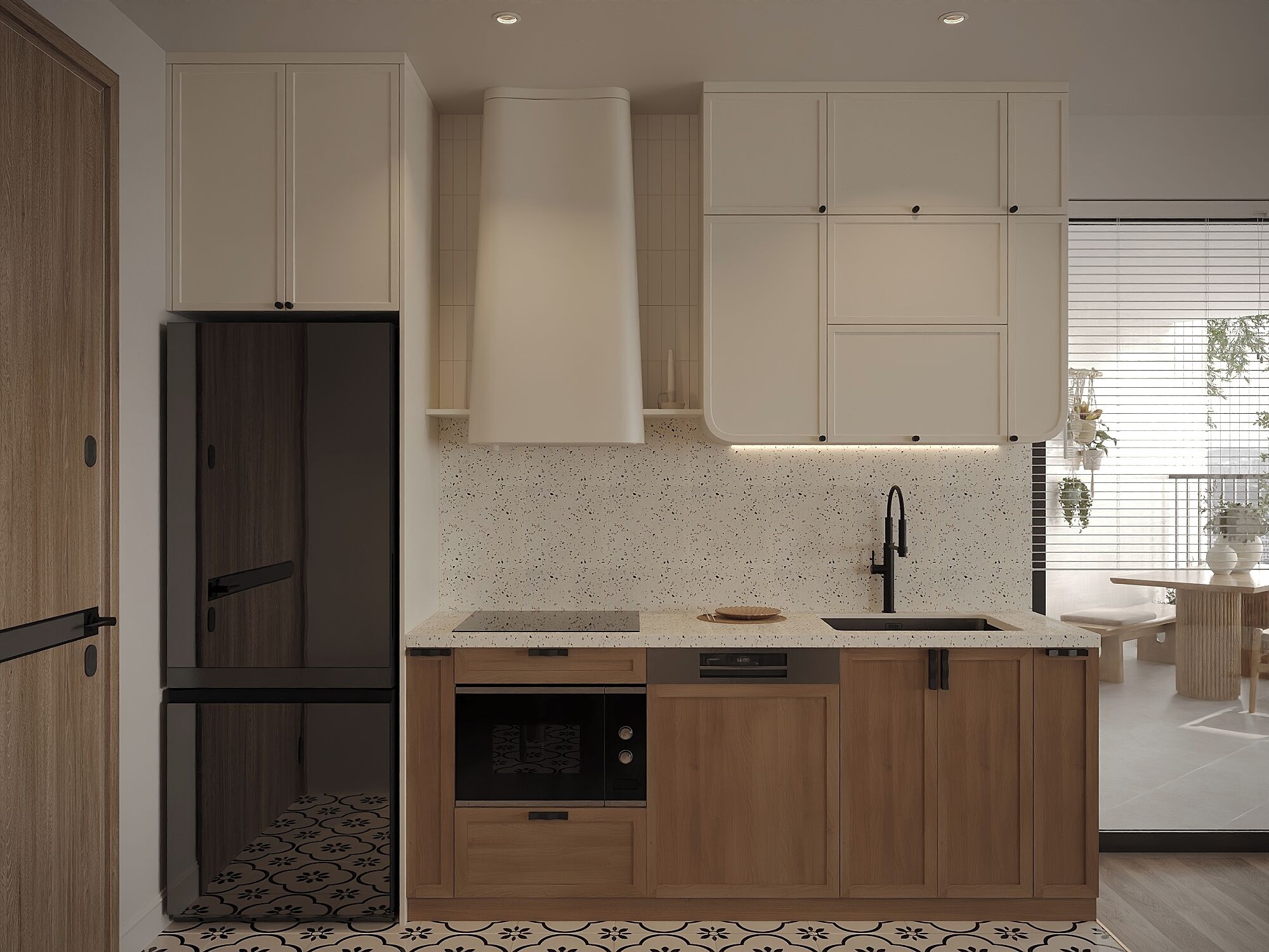 A modern kitchen with wooden cabinets, a built-in dishwasher, and a large window with blinds.