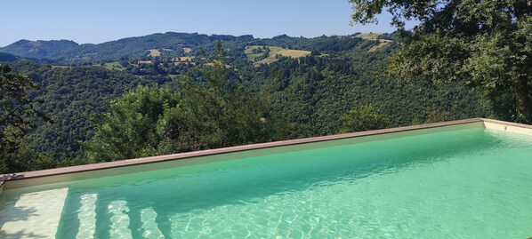 A clear swimming pool with a view of a forested hillside.