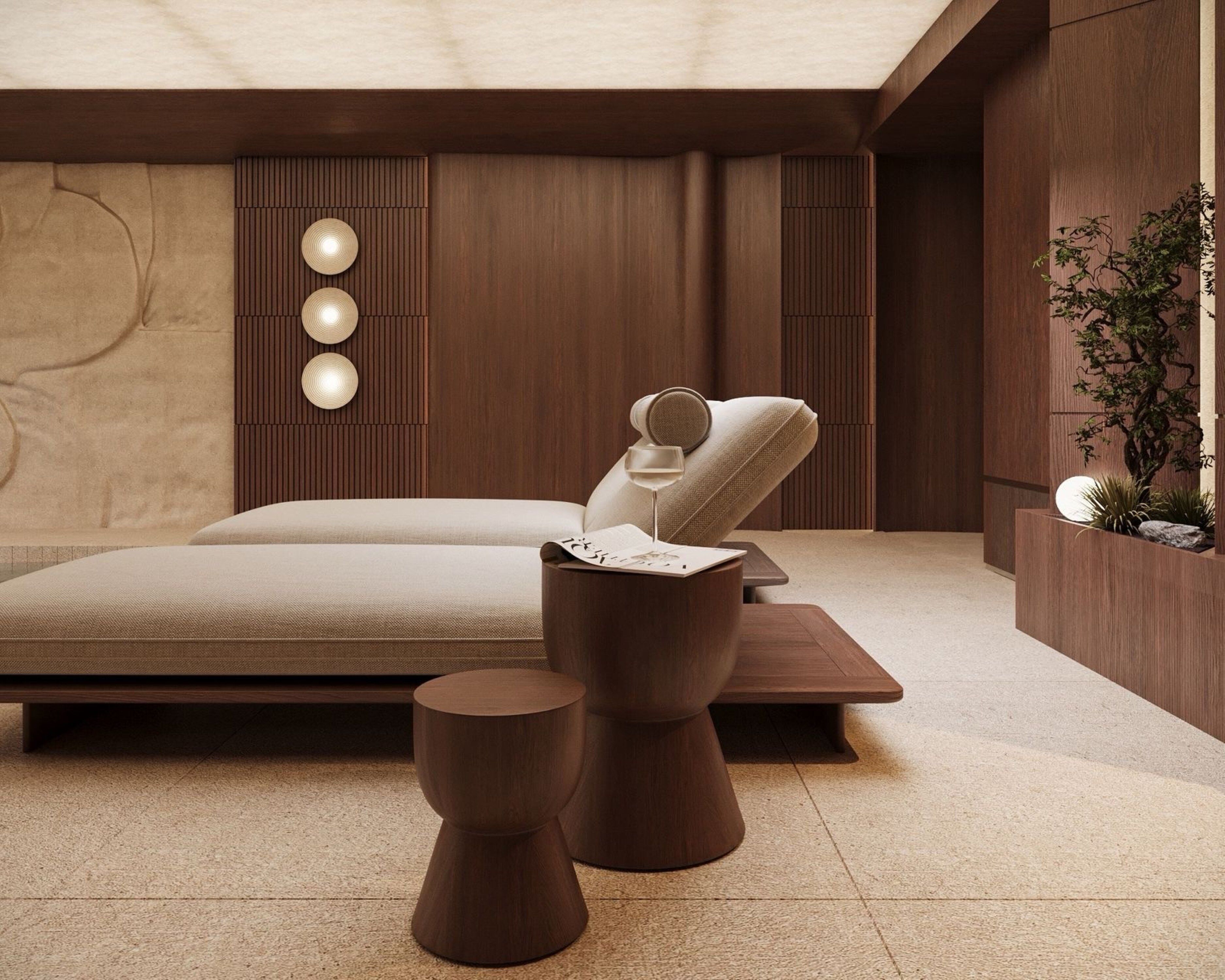 Un dormitorio moderno con una cama grande, cabecera de madera, una mesita de noche y una lámpara fijada a la pared.