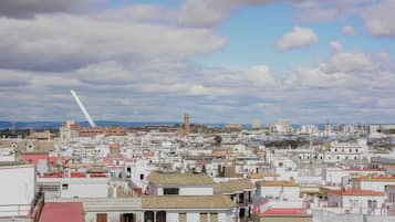 A cityscape with a prominent white bridge, a tower, and densely packed buildings.