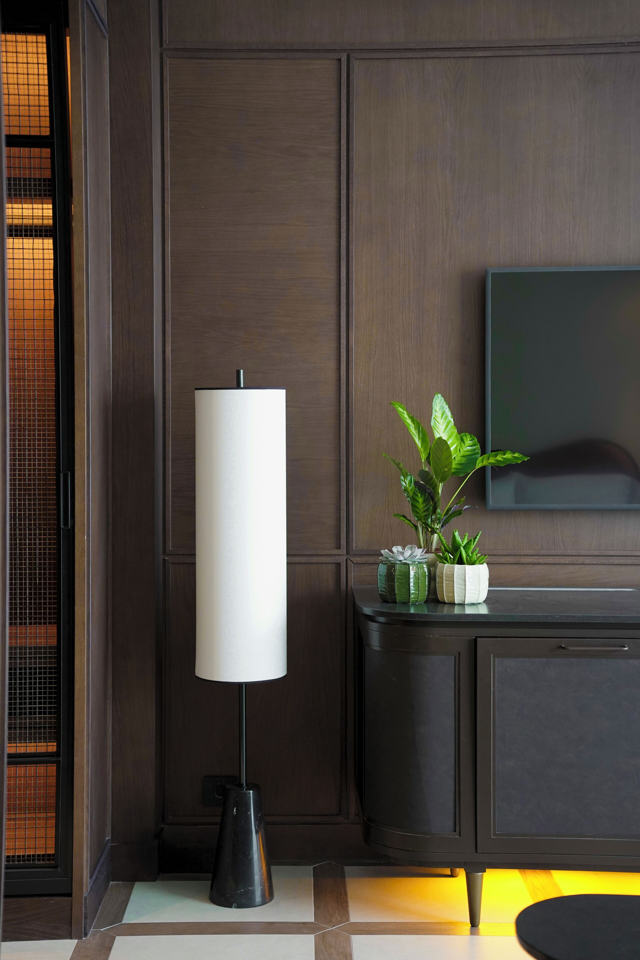 Una habitación moderna con una lámpara de pie alta, un mueble con plantas en macetas y un televisor de pantalla plana montado en la pared.
