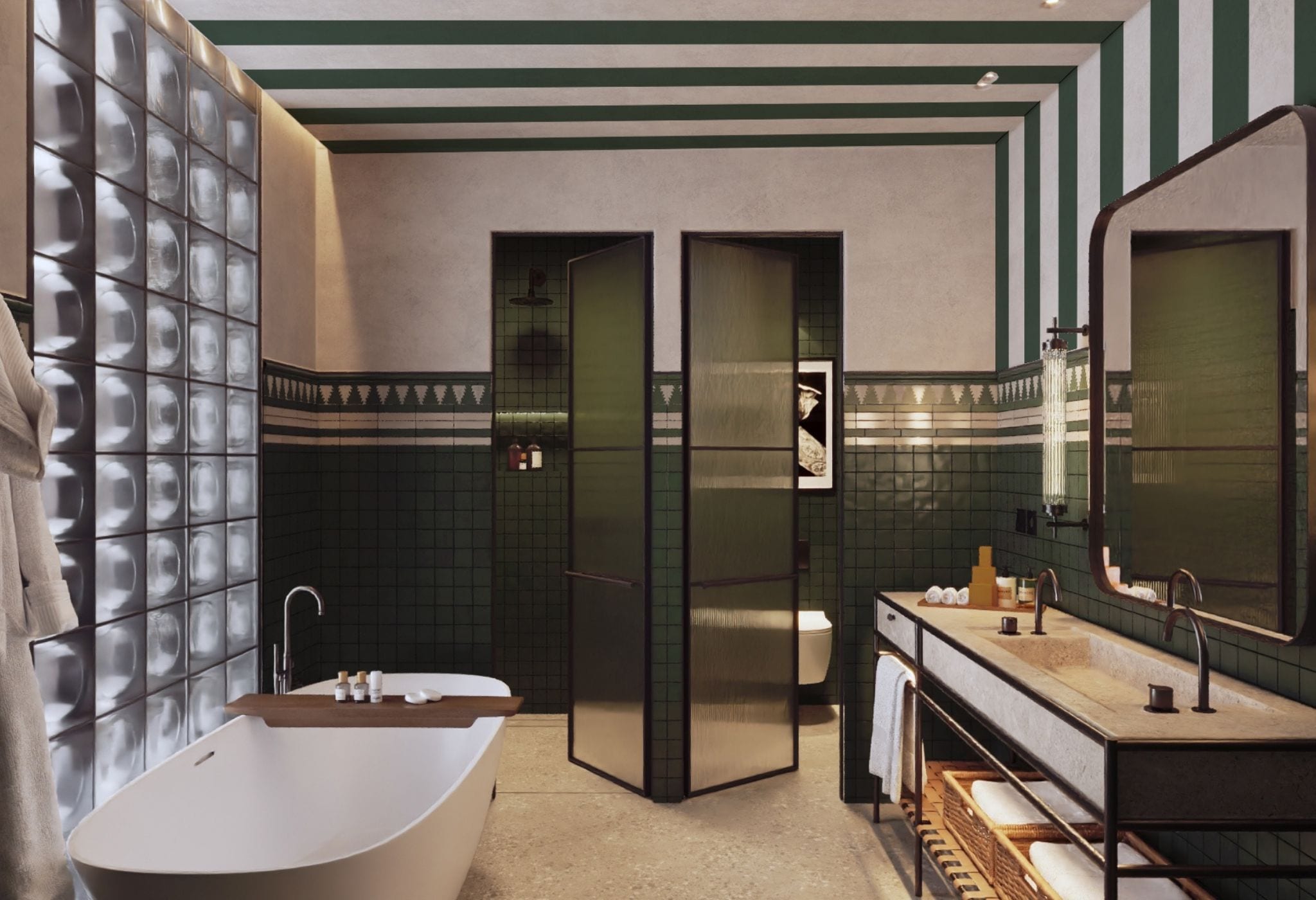 A modern bathroom with a freestanding bathtub, a vanity with a mirror, and a toilet.