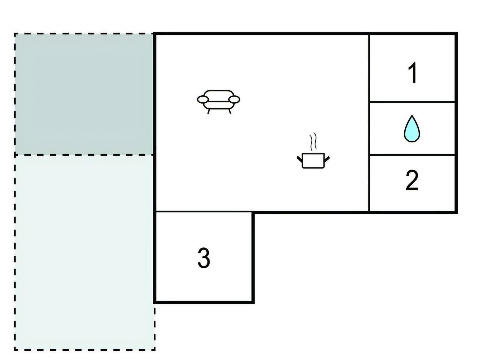 Disposição de quarto com sofá, bebida quente e um ícone de gota d'água, indicando uma área de banheiro ou cozinha.