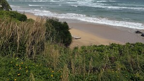 A beach with waves crashing onto the shore, surrounded by greenery and a cloudy sky. - Oceanfront condo in Kapa’a, newly remodeled and ready for you to enjoy Kauai (Lihue)
