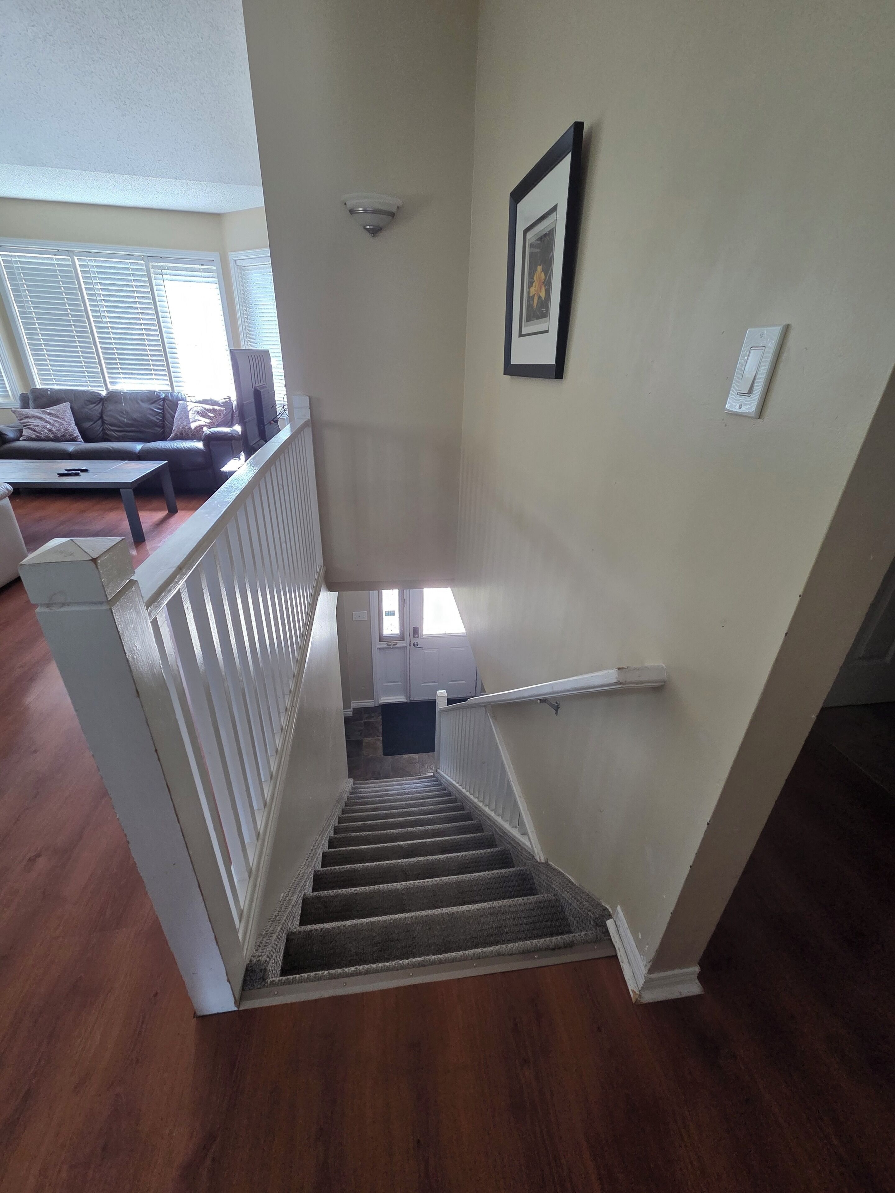 Un escalier avec une rampe, une porte en bas et un tableau encadré au mur.