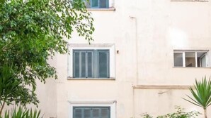 Ein Innenhof mit Topfpflanzen, einem Weg und einer Gebäudefassade mit Fenstern und einer Tür.