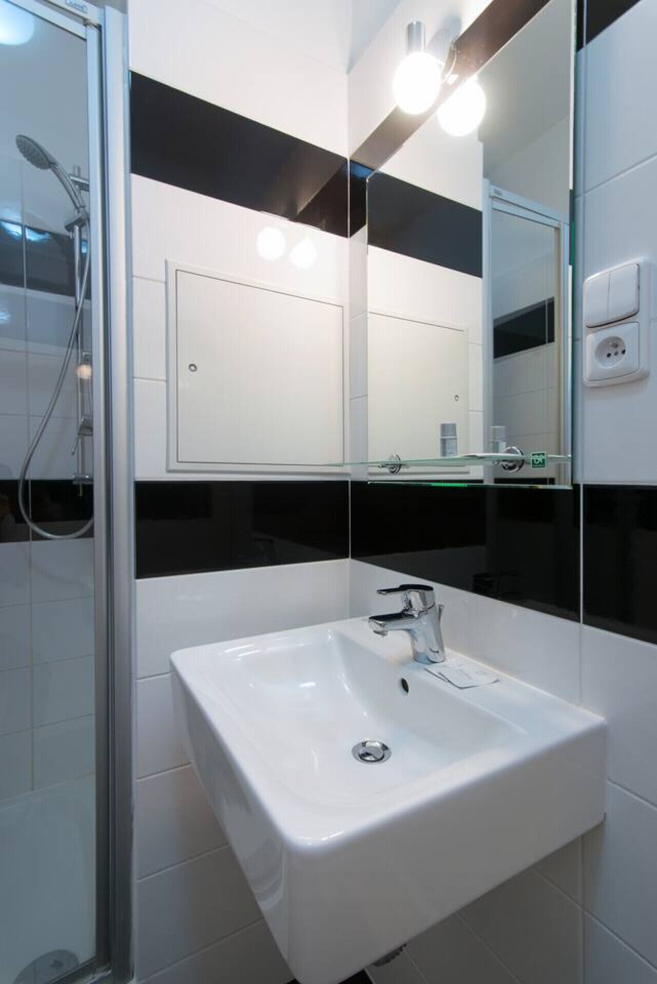 A modern bathroom with a glass shower enclosure, a white sink, and a large mirror.