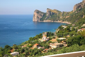 A coastal village with buildings, a prominent rock formation, and the sea. - Olga's Relais (Nerano)