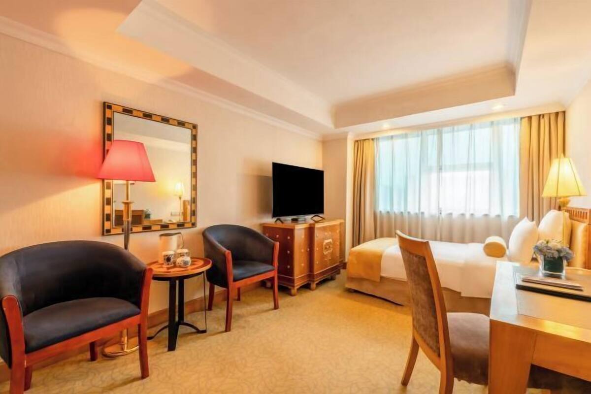 Habitación de hotel con cama, dos sillones, una mesita, televisor y espejo.