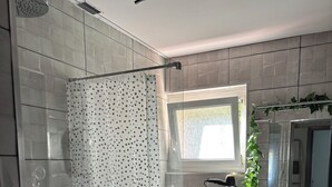 Une salle de bain moderne avec une douche, un lavabo et un miroir.