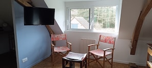 Una habitación con una televisión, dos sillones estampados, una mesa y una ventana con vistas a árboles y una casa.