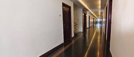A long, well-lit hallway with doors on both sides, leading to multiple rooms.