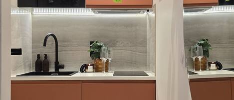 Una cocina moderna con microondas integrado, pileta de acero inoxidable y plantas colgantes.