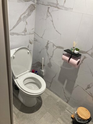 Ducha, secador de pelo, toallas y jabón